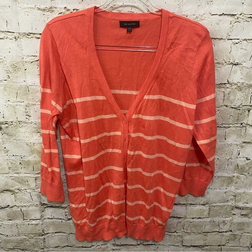 The Limited Orange Striped Cotton 3/4 Sleeve Thin Knit Cardigan